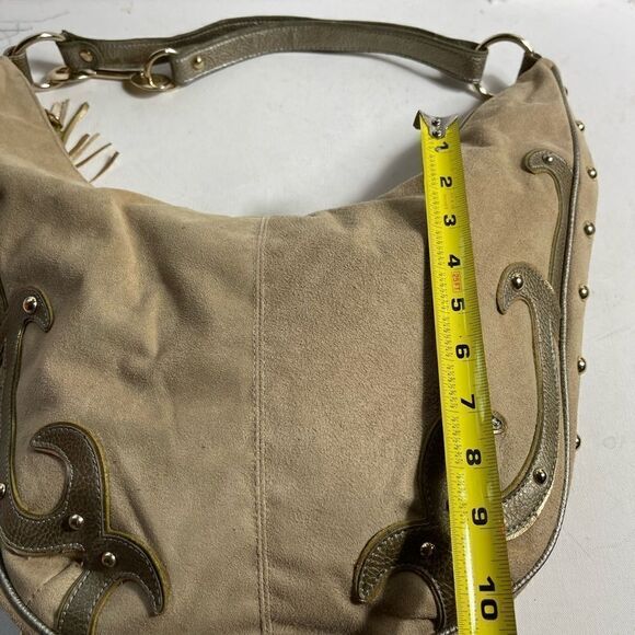 Lexi Bloom khaki faux suede and gold tone studs ajustable shoulder bag - Picture 9 of 12